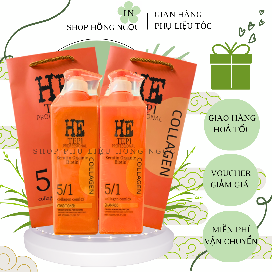 Dầu Gội Xả He Tepi Collagen Keratin Organic Biotin 1000ML - Phục Hồi & Giảm Gàu, Ngăn Ngừa rụng tóc