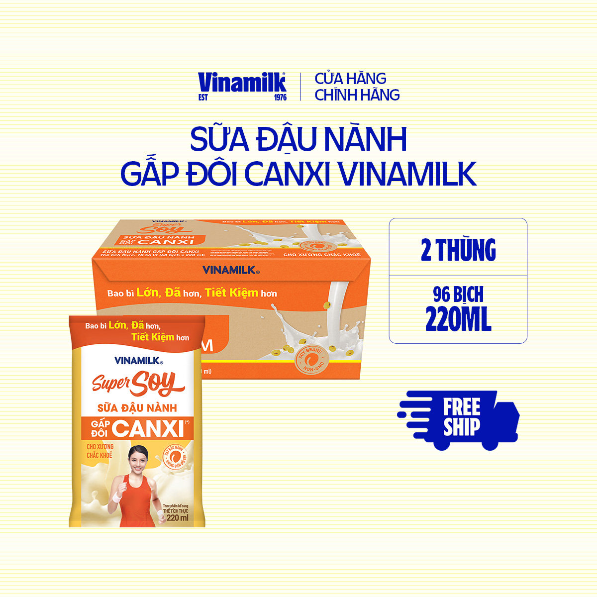 Bộ 2 thùng (96 bịch) sữa đậu nành Vinamilk gấp đôi canxi 220ml