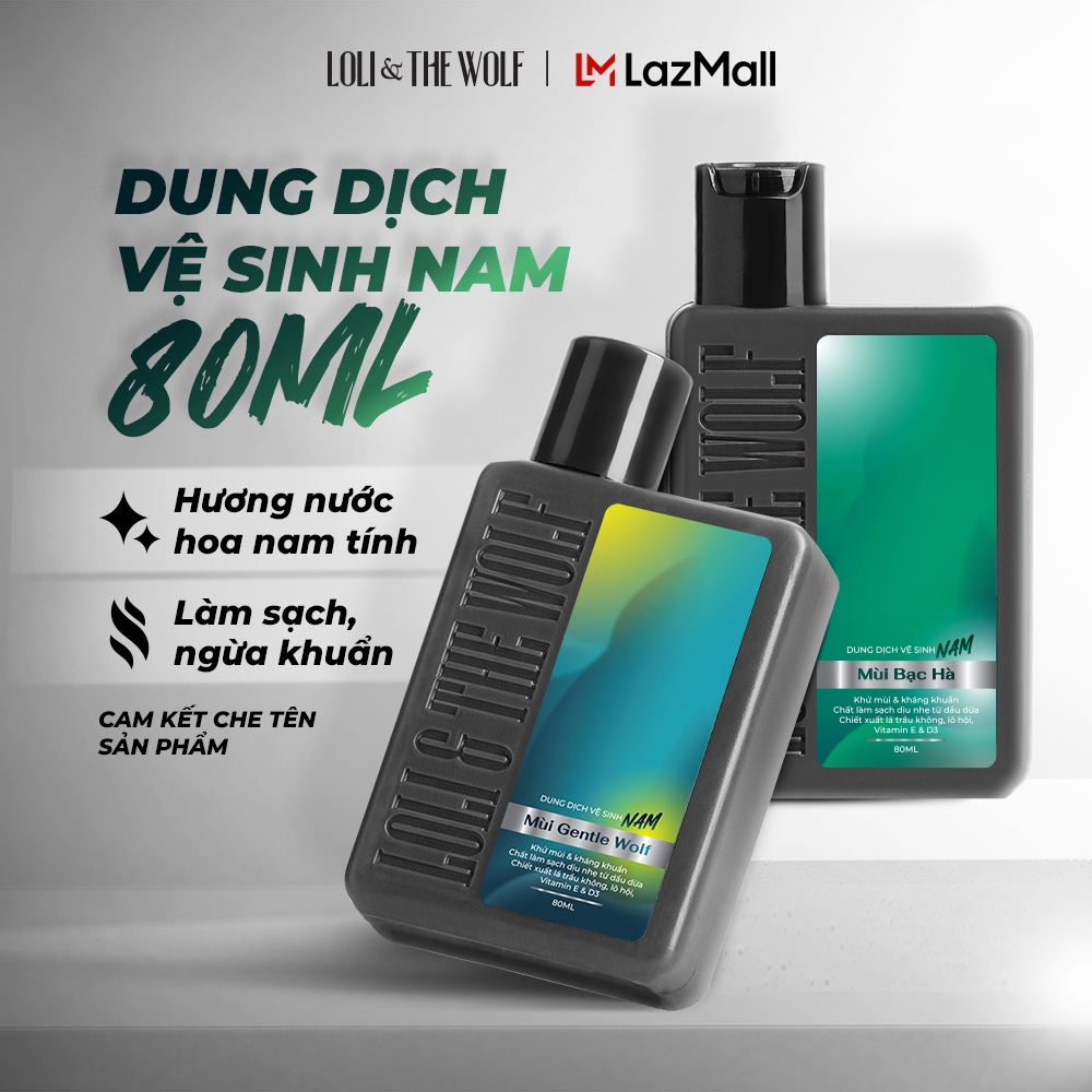 Dung dịch vệ sinh nam giới loli the wolf dạng gel thành phần tự nhiên, làm sạch, kháng khuẩn, khử mùi hôi, giảm viêm ngứa vùng kín 80ml