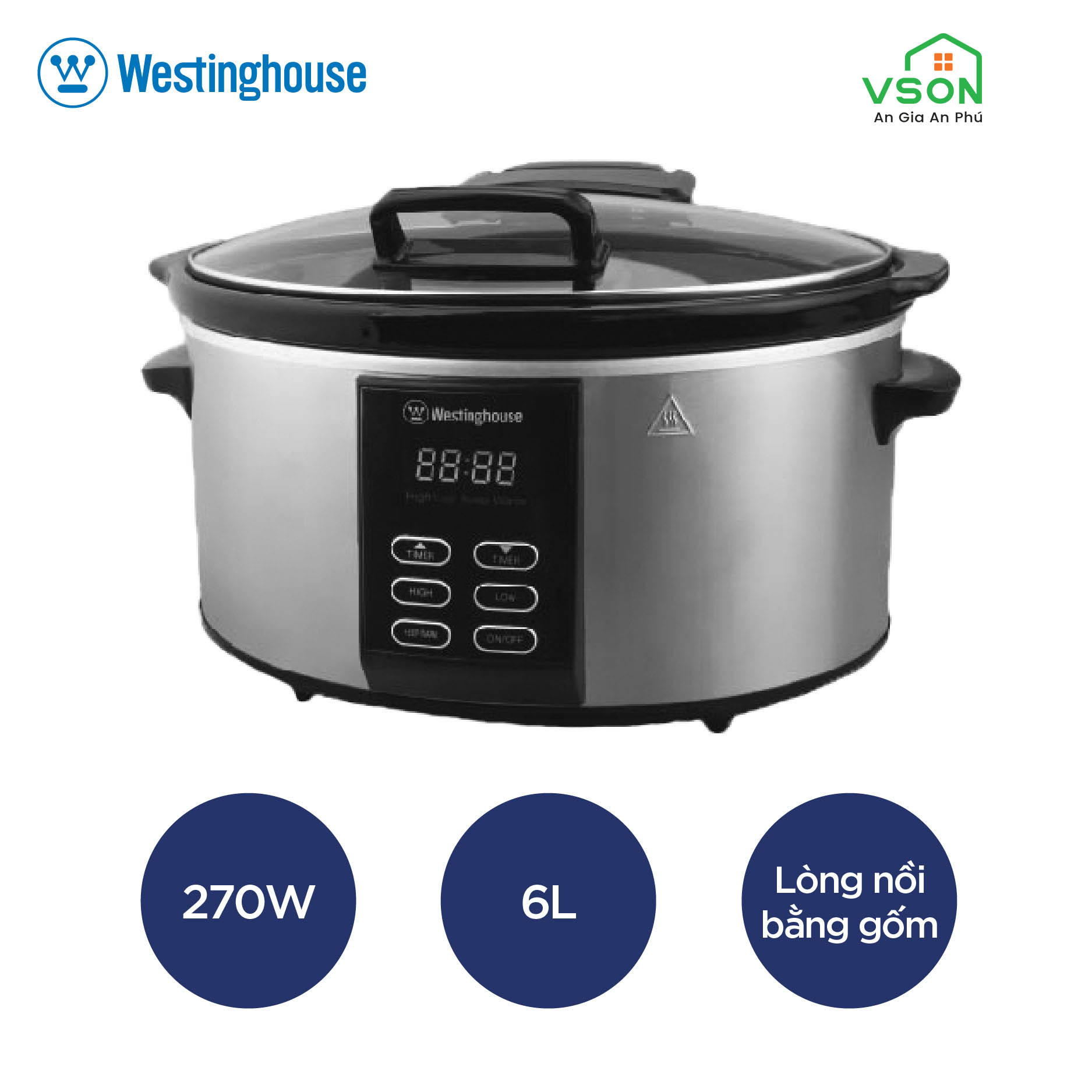 Nồi nấu chậm 6 lít westinghouse wksc65 6l công suất 270w nồi bên trong bằng gốm vỏ thép không gỉ - hàng chính hãng mỹ