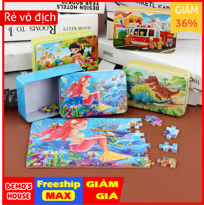 [Freeship] Bộ ghép hình bằng gỗ 60 mảnh,hộp sắt bền đẹp, chủ đề truyện cổ tích cho bé trên 3 tuổi,đồ chơi thông minh phát triển tư duy logic cho bé trai bé gái