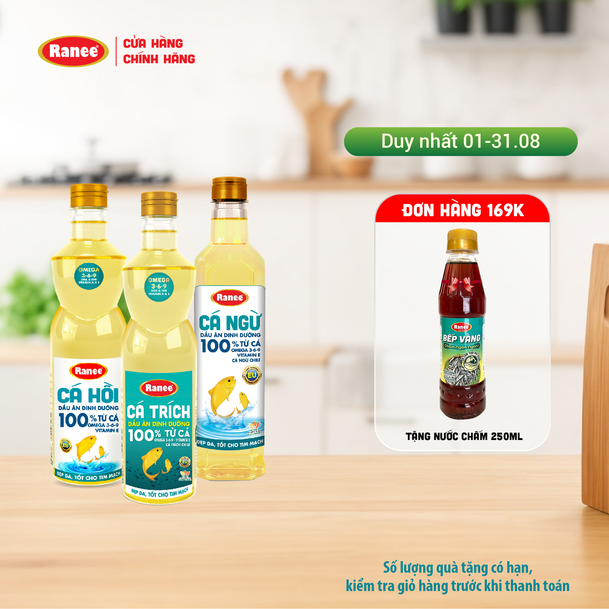 Combo 3 chai dầu ăn dinh dưỡng bao gồm: ranee cá hồi 950ml, ranee cá trích 950ml và ranee cá ngừ 1 lít