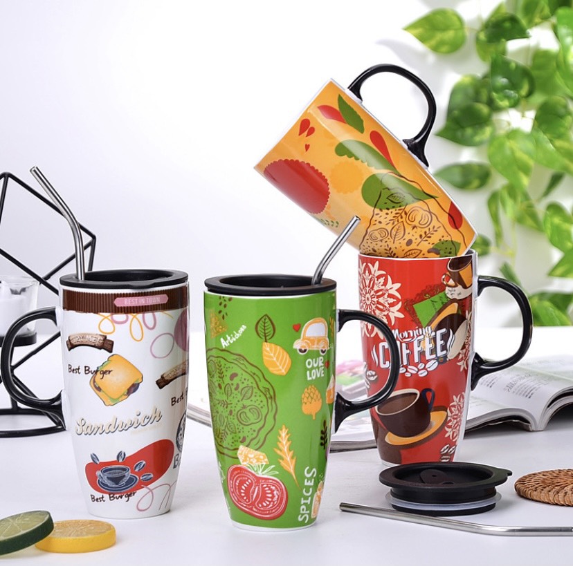 Cốc ly sứ có nắp đậy kèm thìa và ống hút inox hộp quà cao cấp