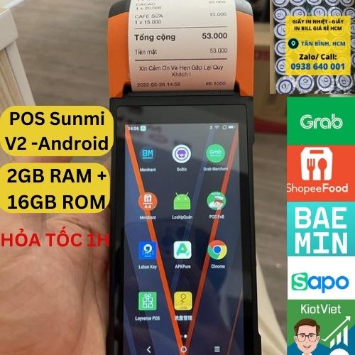 Máy pos cầm tay sunmi v2 - tải app grab- now- beamin - kiotviet, sapo, posapp, ipos tặng 10 cuộn