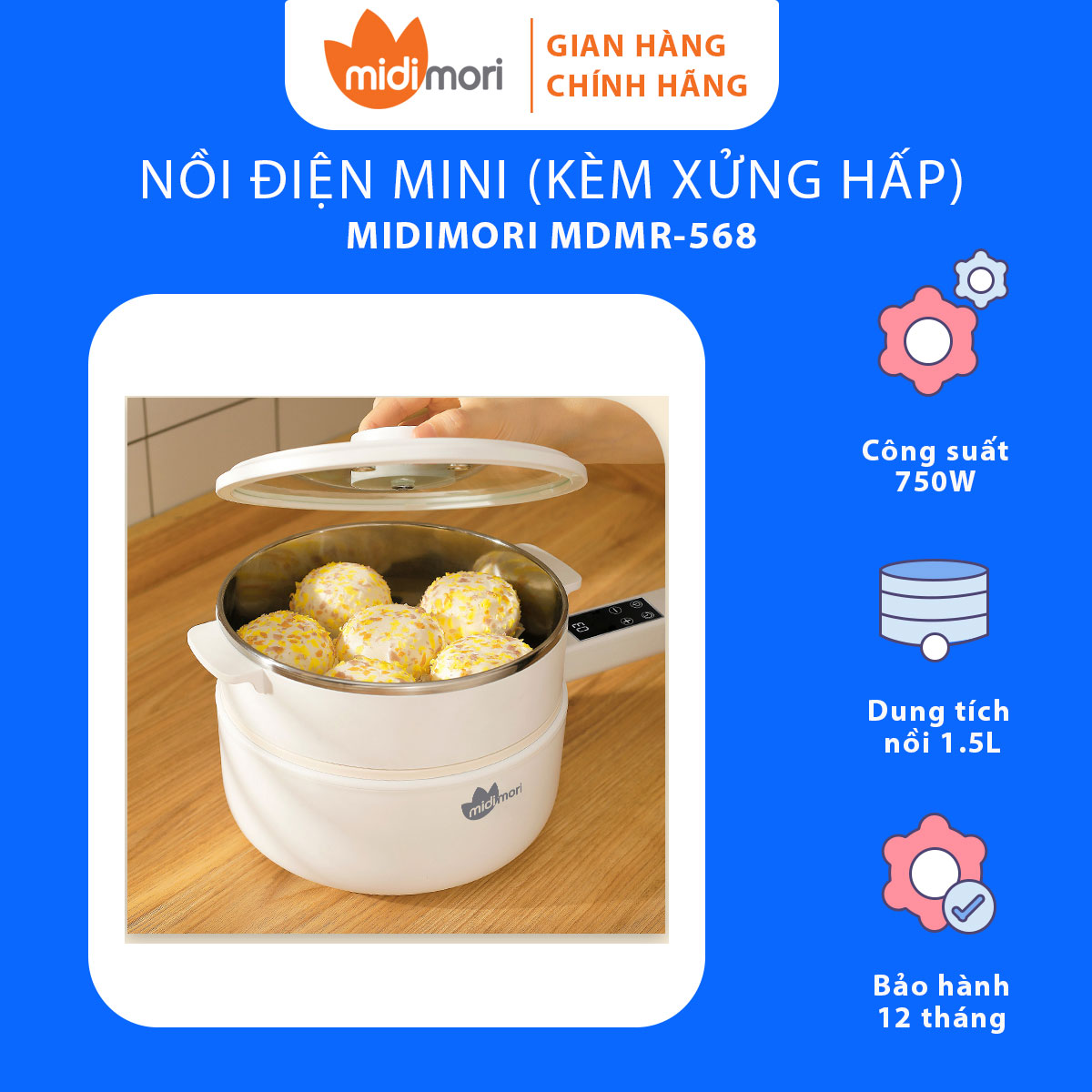 Nồi lẩu điện đa năng mini midimori mdmr-568 kèm xửng hấp – hàng chính hãng