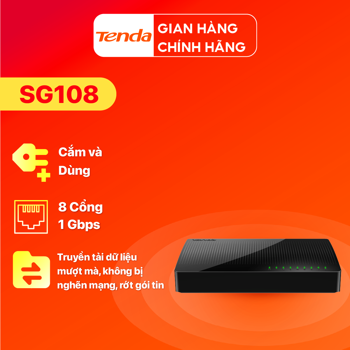 Bộ Chia Mạng Switch Để Bàn Tenda SG108 8 Cổng 10/100/1000Mbps - Hàng Chính Hãng