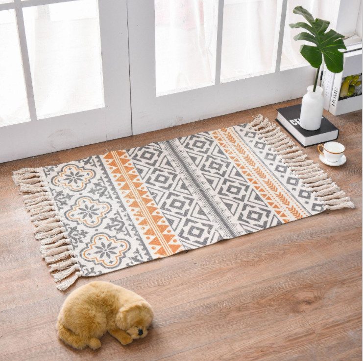 Thảm chùi chân - Thảm trải sàn tua rua họa tiết thổ cẩm phong cách vintage 60x90cm