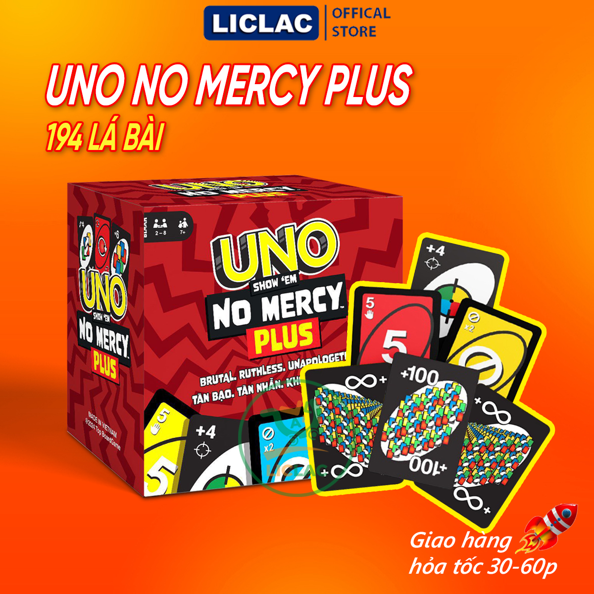 Bài UNO NO MERCY PLUS 194 lá phiên bản mới UNO +100 không thương tiếc, Boardgame chơi cùng nhóm bạn