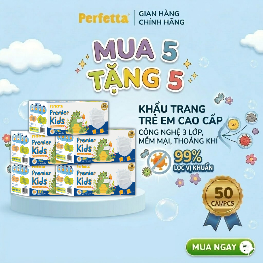 QUÀ TẶNG KHÔNG BÁN - Combo 5 Hộp Khẩu Trang Y Tế Perfetta Premier Cho Trẻ Em (30 cái/hộp) Màu Trắng