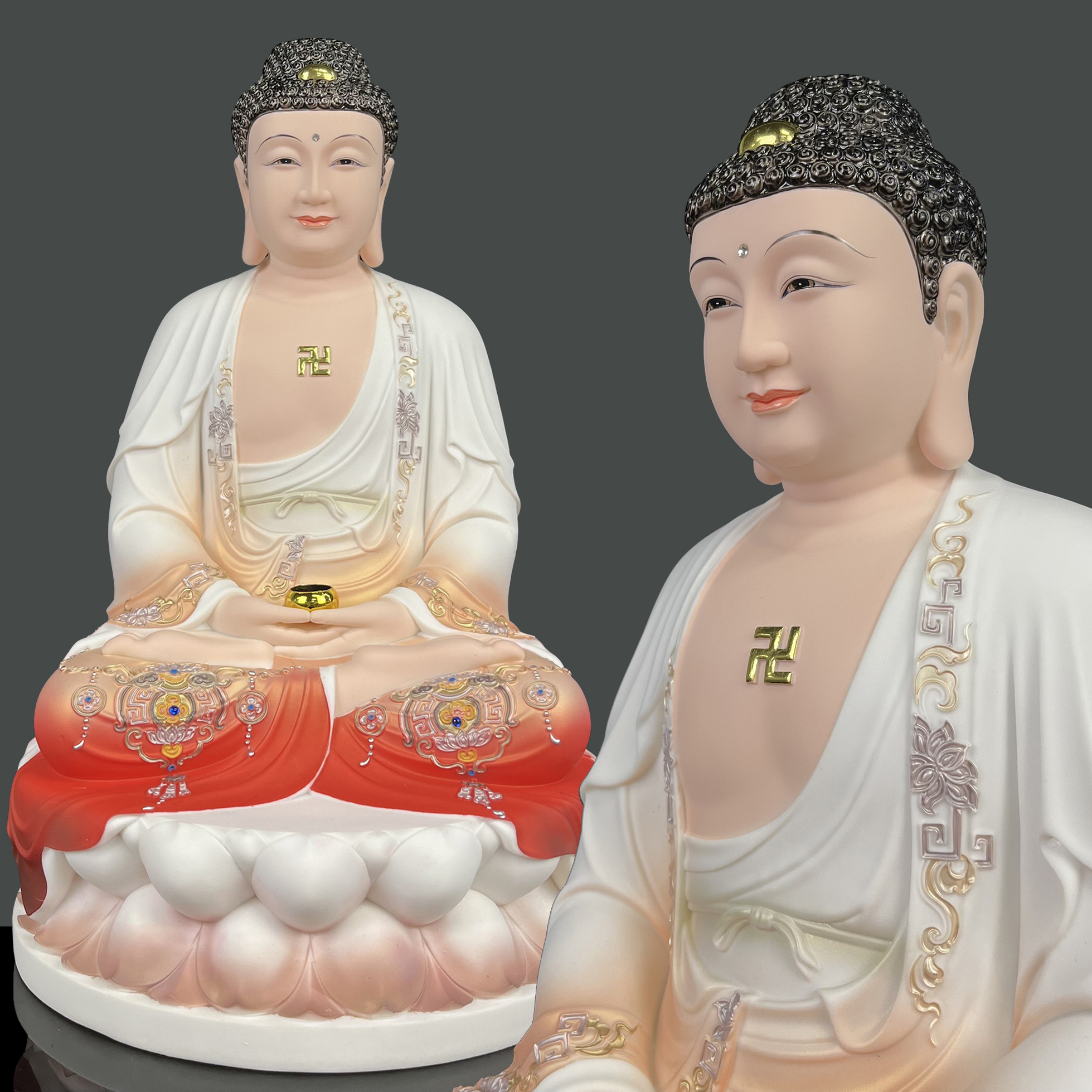 Tôn tượng phật tổ 2910 ngồi bục hoa sen áo đỏ , vàng bằng nhựa cứng - phật giáo tường thuận