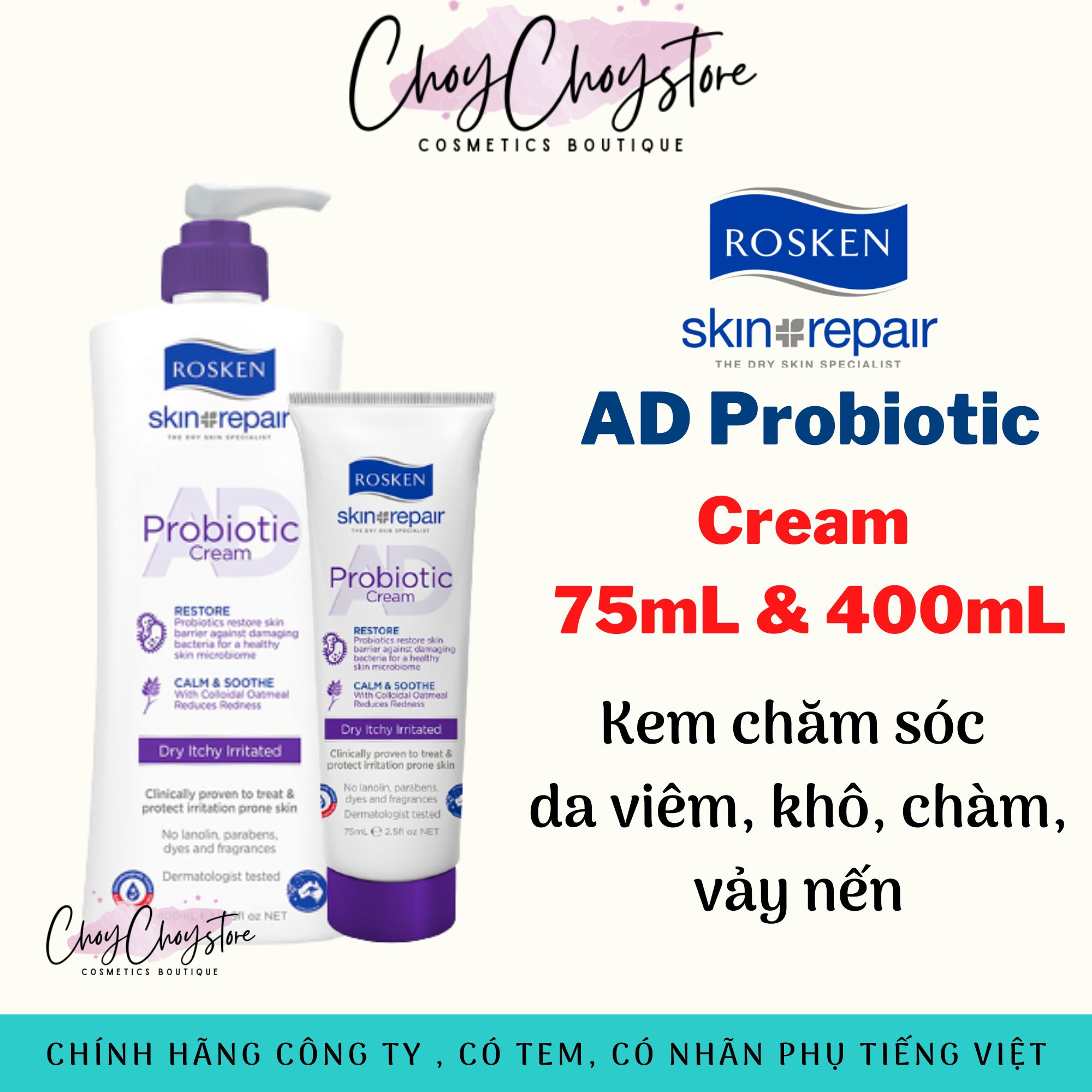 (Tem Cty) Kem Dưỡng Rosken AD Probiotic Cream 75mL & 400mL Chăm Sóc Viêm Da, Chàm, Kích Ứng