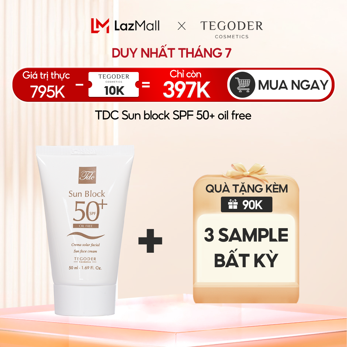 Kem chống nắng kiềm dầu và làm đều màu da SPF 50+ Tegoder TDC Sun block SPF 50+ oil free 50 ml mã 9836