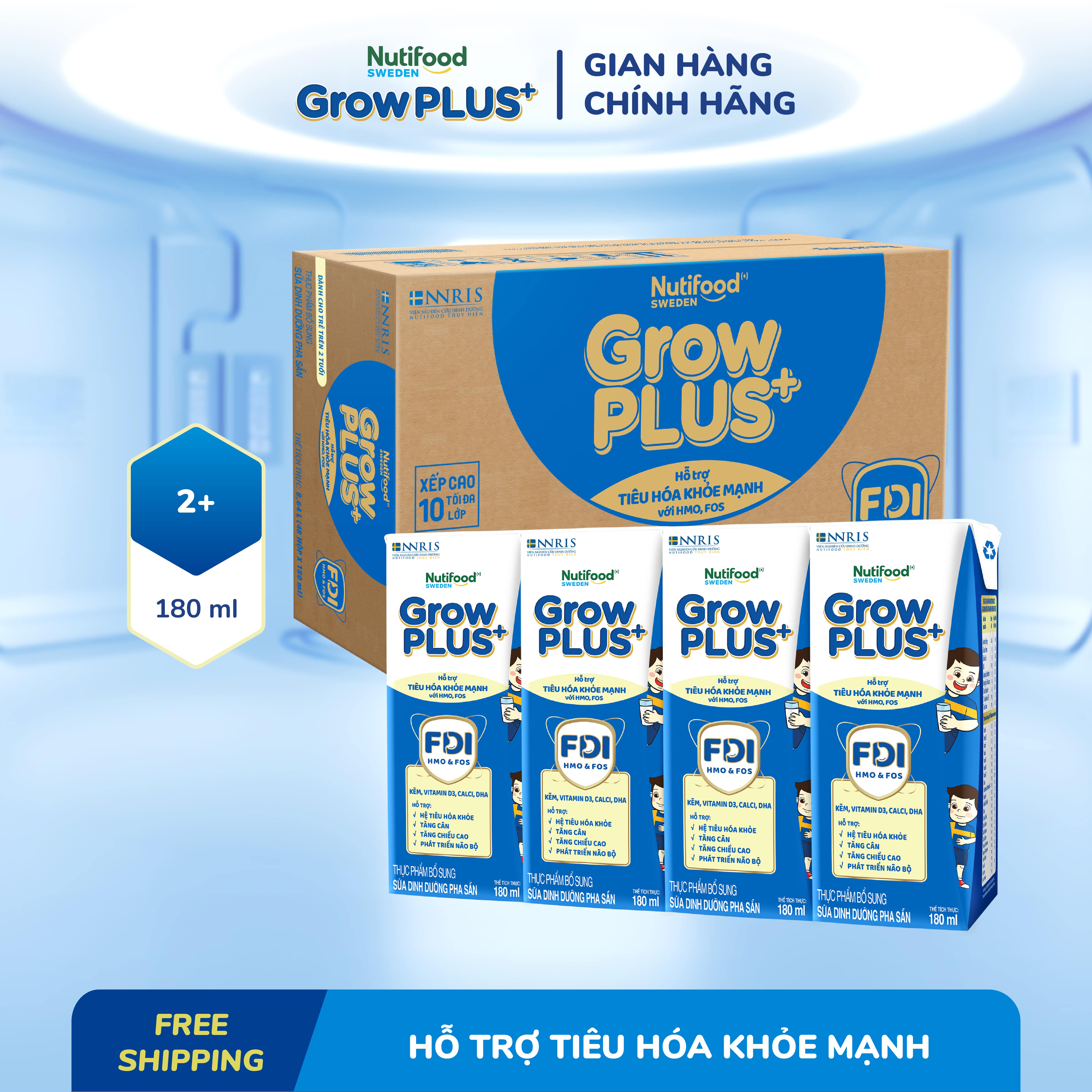 Sữa nước pha sẵn Nutifood Sweden GrowPLUS+ Tiêu Hóa (Xanh Nhạt) 2+ - Hỗ trợ tiêu hóa khỏe mạnh, bé tăng cân (48 hộp x 180ml)