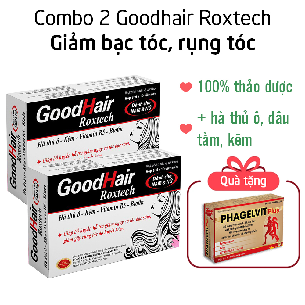 (tặng vitamin tổng hợp) Combo 2 Good Hair ROXTECH cao hà thủ ô, kẽm, biotin, vitamin B5 giảm bạc tóc