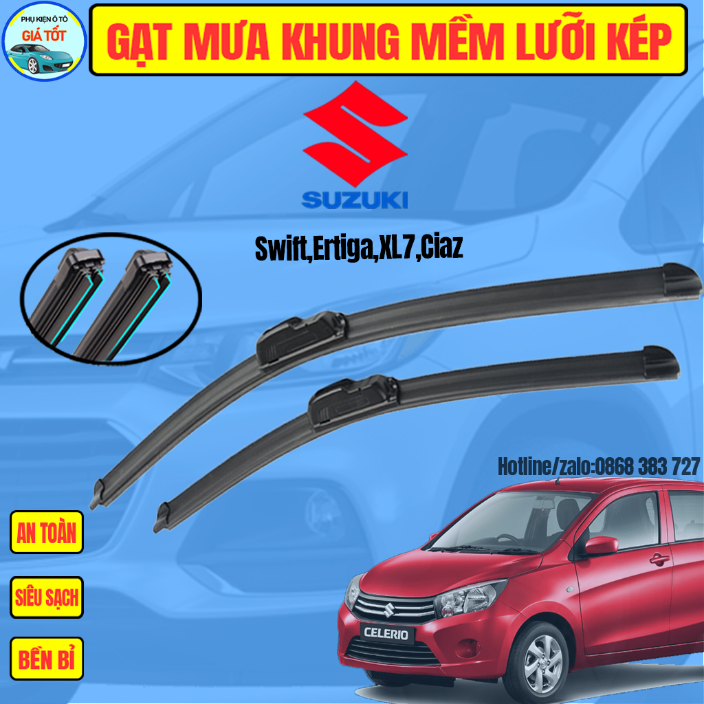 Gạt mưa lưỡi kép cao cấp, bộ cần gạt kính nước mưa 2 lưỡi khung mềm ô tô suzuki xl7,celerio,alto,cary,wagon... gạt mưa oto silicon lưỡi kép cao cấp, gạt mưa 2 lưỡi