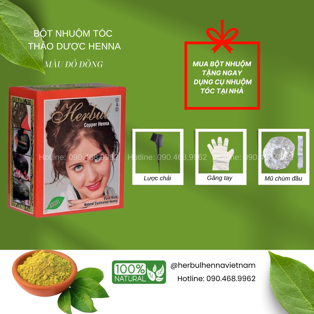 Bột nhuộm tóc thảo dược Herbul Henna màu đồng ánh đỏ - Copper Henna