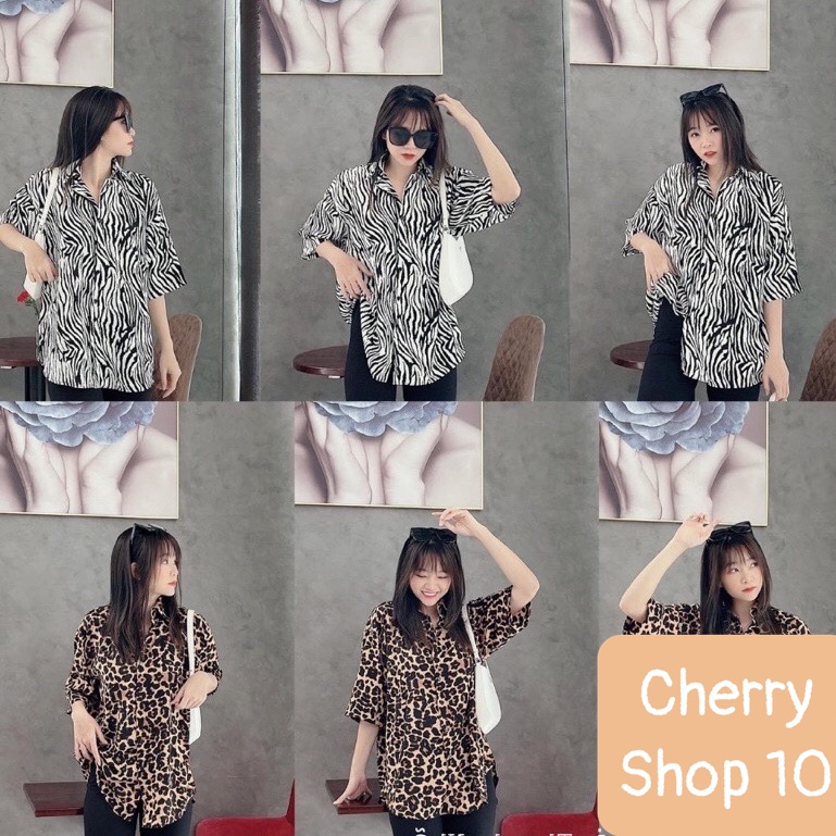 Áo sơ mi nữ cổ bẻ form rộng tay ngắn, họa tiết động vật beo, vằn, Free size