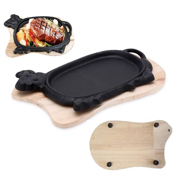 Bộ Chảo gang chống dính có đế gỗ làm bò bít tết sử dụng dược cho tất cả các loại bếp,bếp ga,bếp điện,bếp từ,bếp than,Dragon ( chất lượng,uy tín Việt là trên hết)