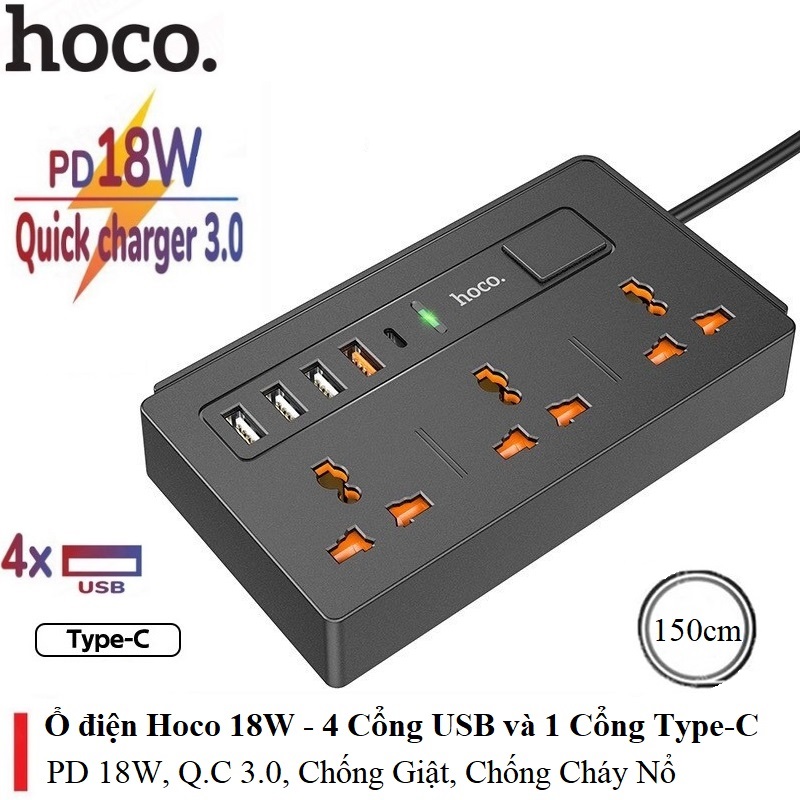 Ổ Cắm Điện Đa Năng Hoco - Sạc nhanh PD18W, QC18W Hỗ Trợ 1 Cổng Type-C, 3 AC & 4 Cổng USB Chống Giật, Chống Cháy ( CHÍNH HÃNG )