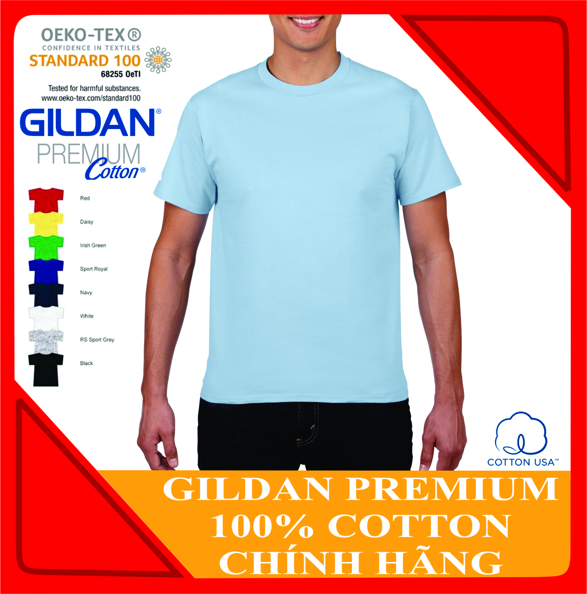 Áo thun Gildan Premium Cotton chuẩn chính hãng ( Light Blue) - 100% cotton