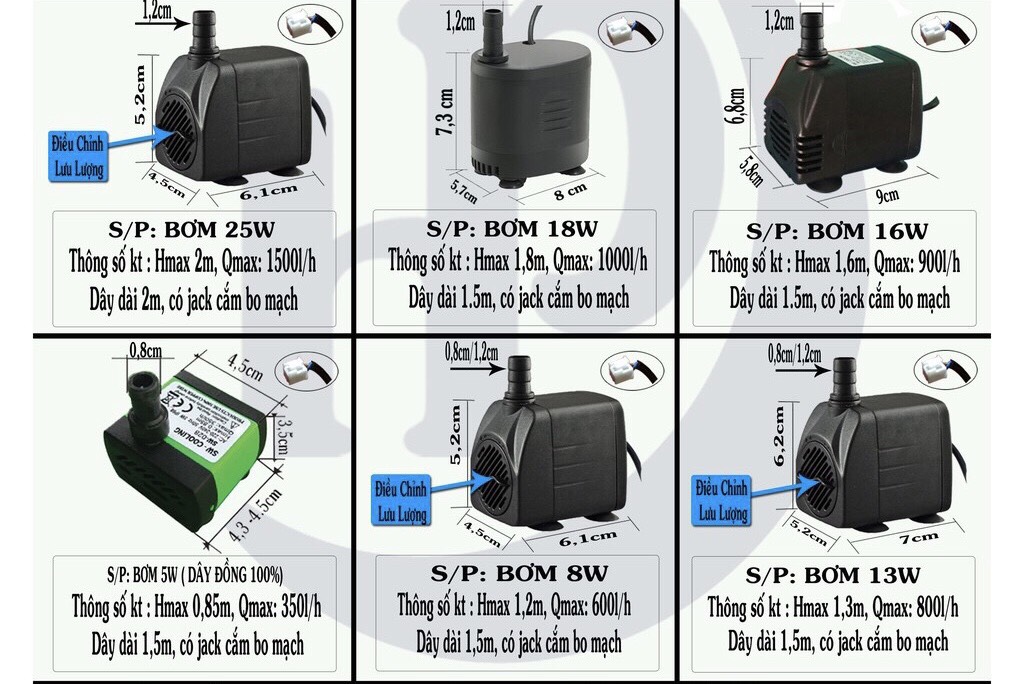 Máy bơm nước chìm mini 4w 8w 13w 16w 18w 25w điện 220v, bơm quạt hơi nước, bể cá thủy sinh, hòn non bộ