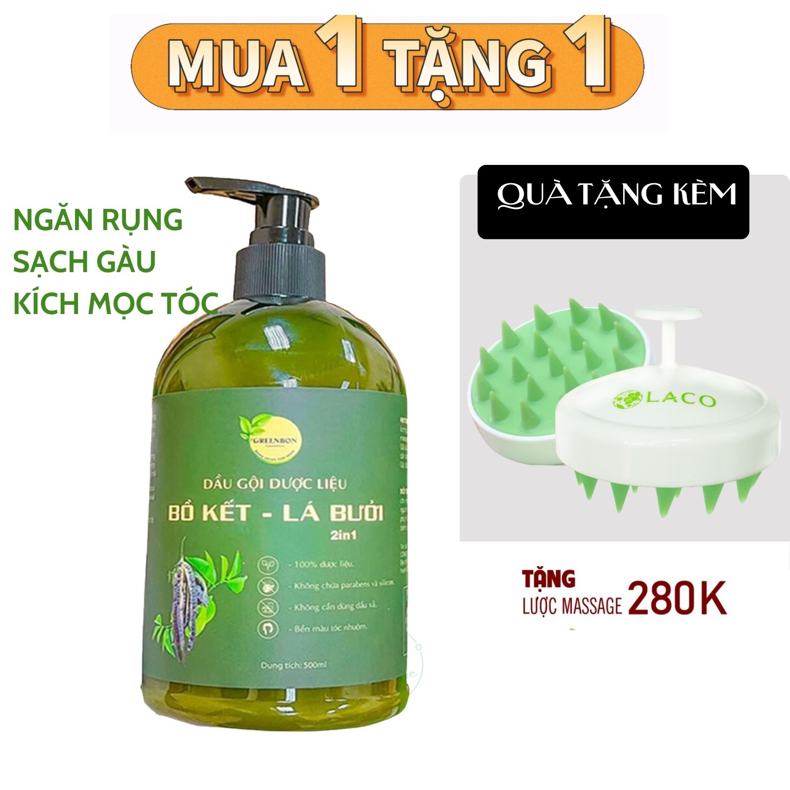 Dầu gội bồ kết lá bưởi ngăn rụng sạch gàu kích mọc tóc GREENBON 500ml  thành phần 100% thảo dược tự nhiên an toàn giúp tóc suôn mềm khỏe mạnh mà không cần dầu xả an toàn cho người sử dụng giảm rụng sau sinh LALASTORE DN