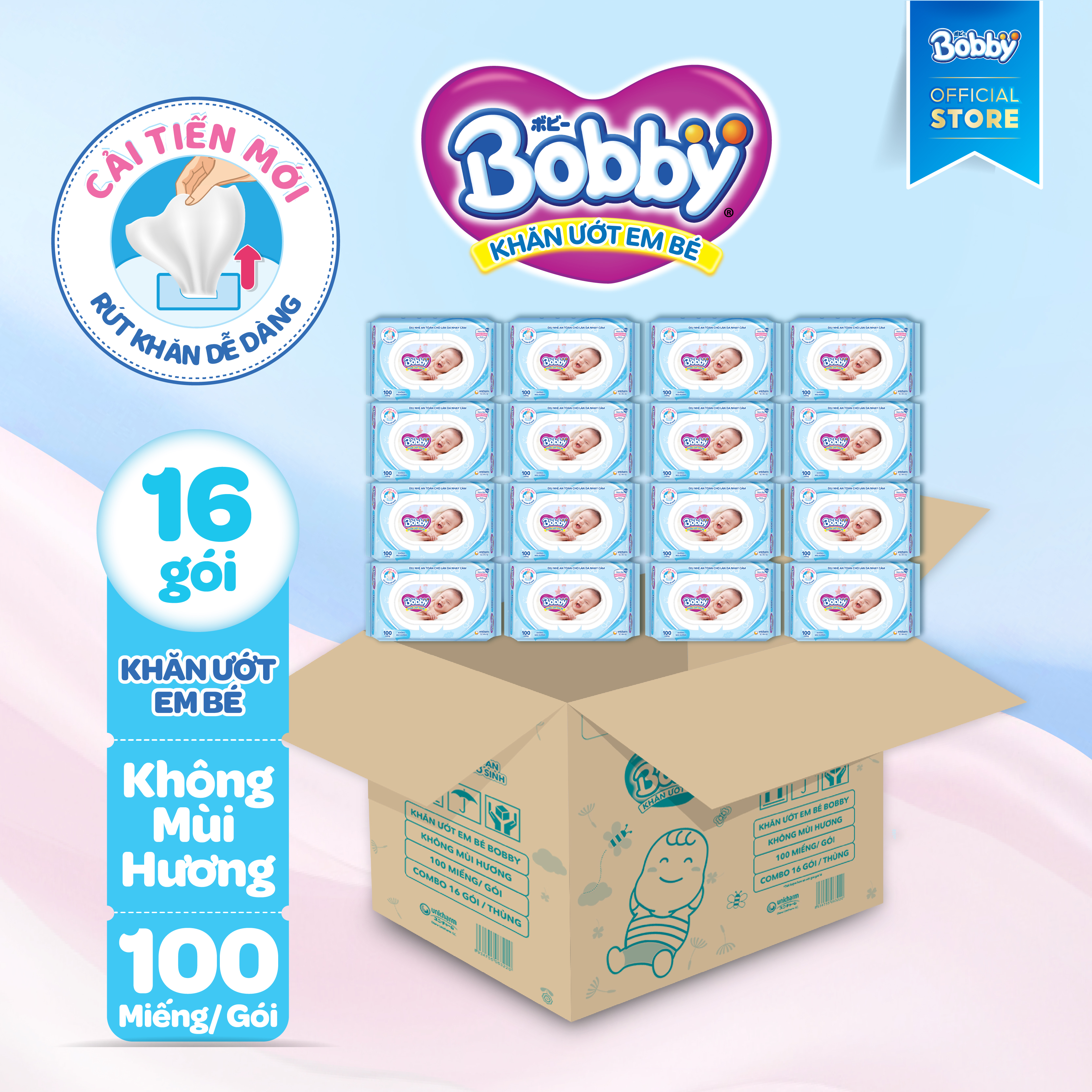 [SALE CUỐI THÁNG tặng QUÀ TO-SLCH] Combo 16 gói khăn ướt Bobby Care không hương 100 miếng/gói