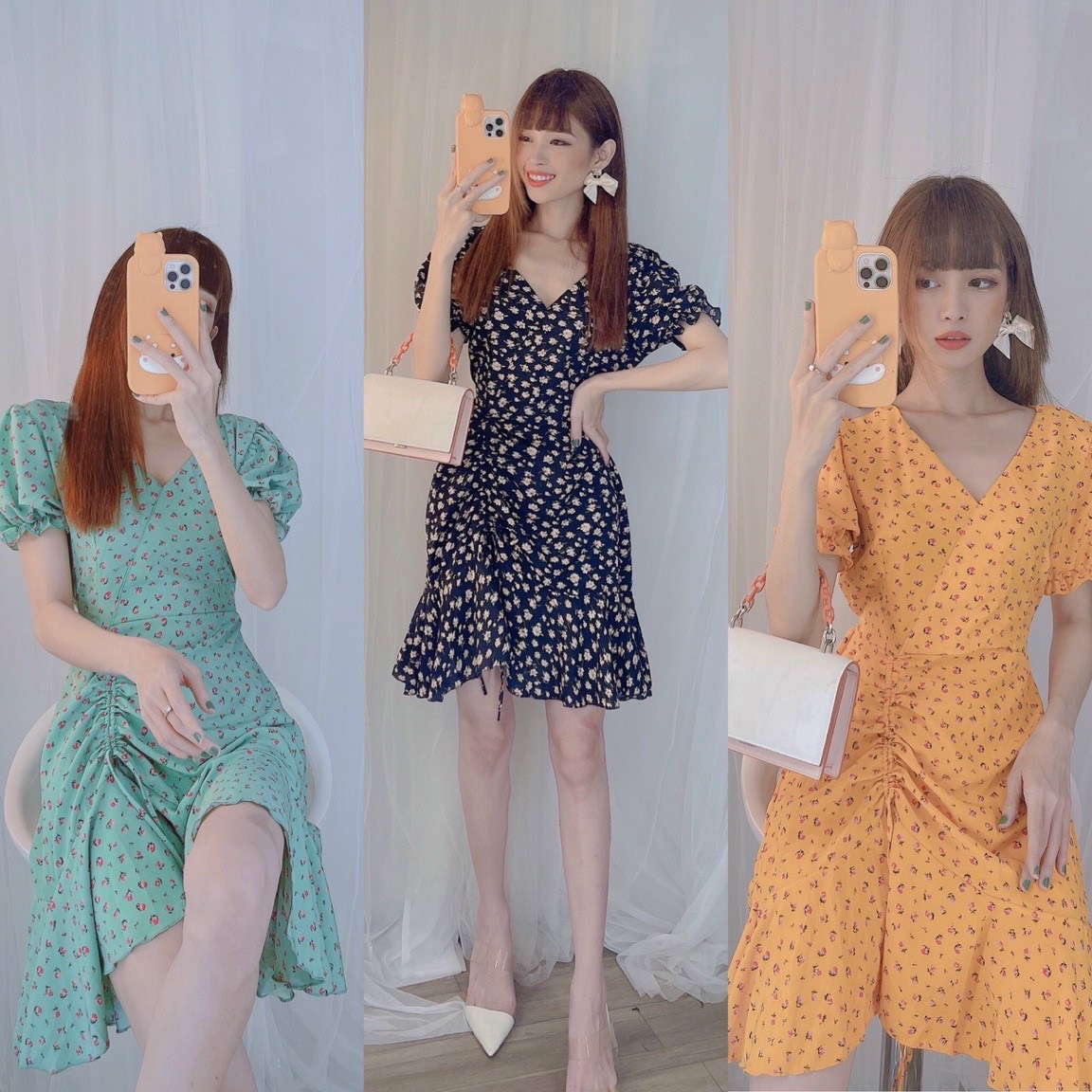 Đầm hoa nhí dây rút tay phồng tôn dáng
