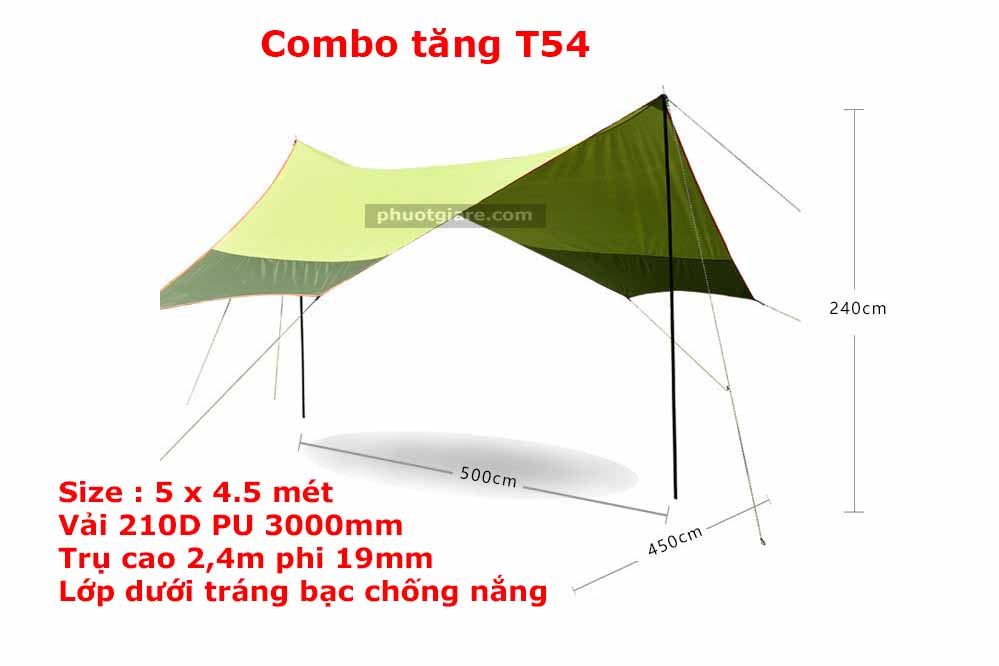 Combo tấm tăng/tarp t54 kèm 2 cây trụ 2m4 12 cọc 8 dây 8 khoá tăng giảm