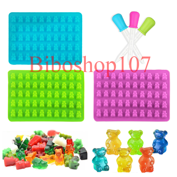 Khuôn silicon làm thạch rau câu, socola, kẹo chip chip 50 hình gấu kèm ống bơm