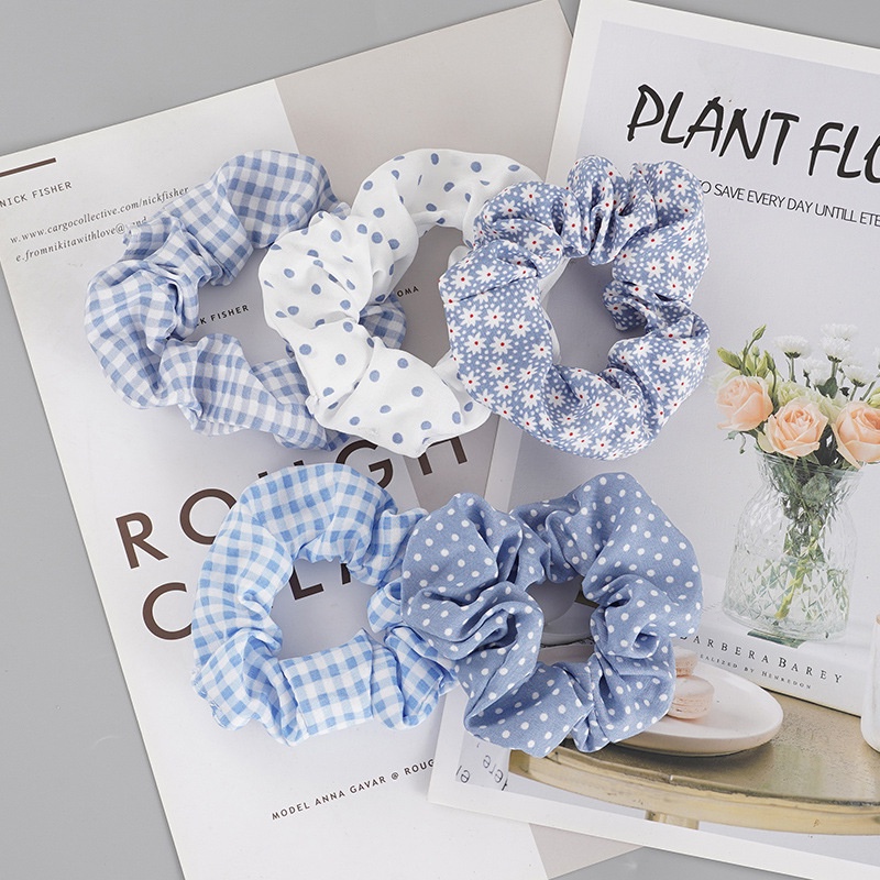 Cột Tóc Vải Scrunchies Họa Tiết Xanh Thiên Thanh, Dây Buộc Tóc Scrunchies Mới CT1
