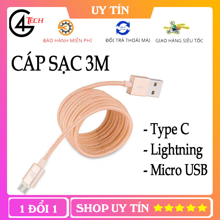Dây sạc iphone, samsung, type-C sạc nhanh, Cáp sạc bọc dù 3m cho các dòng điện thoại Siêu bền TVL013