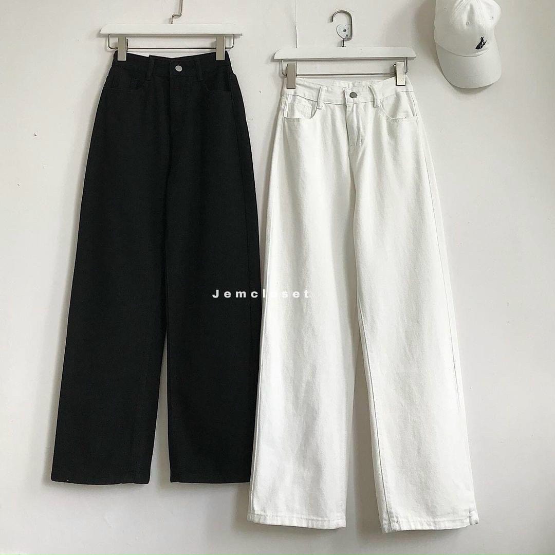 Quần baggy jean nữ size đại 2 màu trắng đen lưng siêu cao-jt