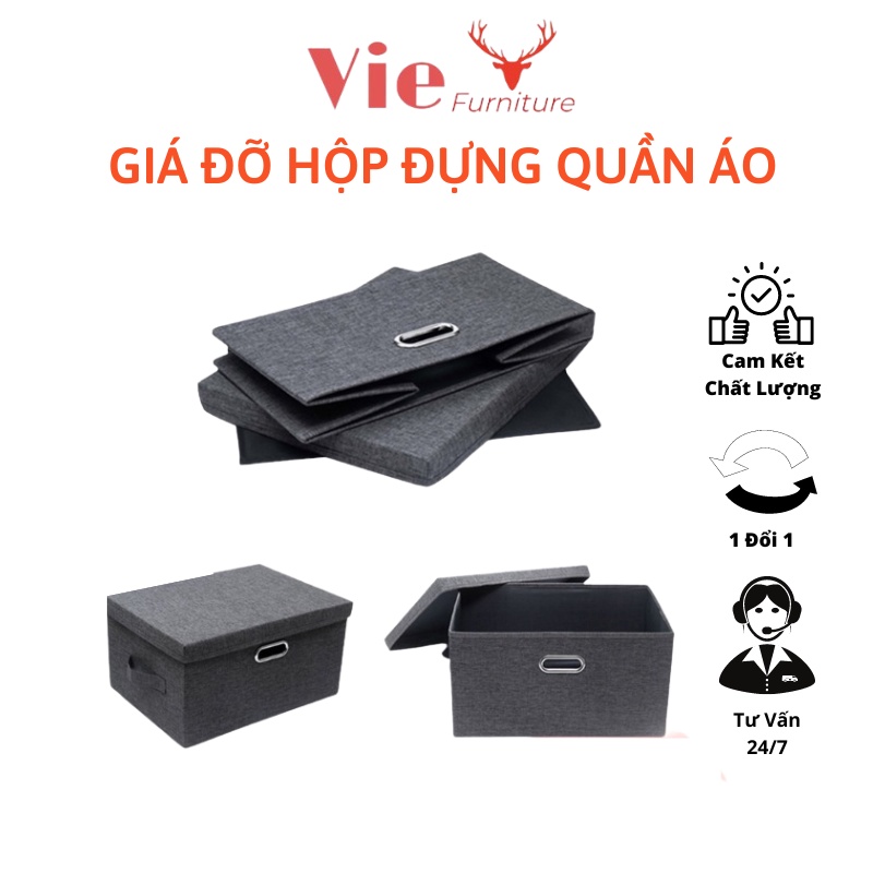 Hộp vải đựng đồ có nắp rời quai inox vie decor thùng để chăn màn cỡ lớn giỏ đựng quần áo đa năng bằng vải