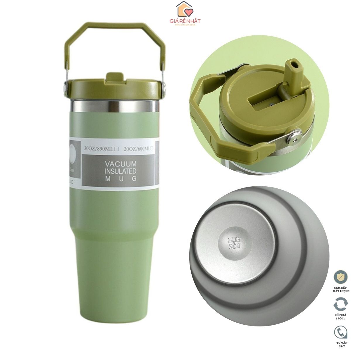 Ly giữ nhiệt quai xách VANCUM 890ml inox 304 kèm ống hút tiền lợi dễ dàng mang theo Nắp đậy chống tràn Giữ nhiệt 8-10 tiếng