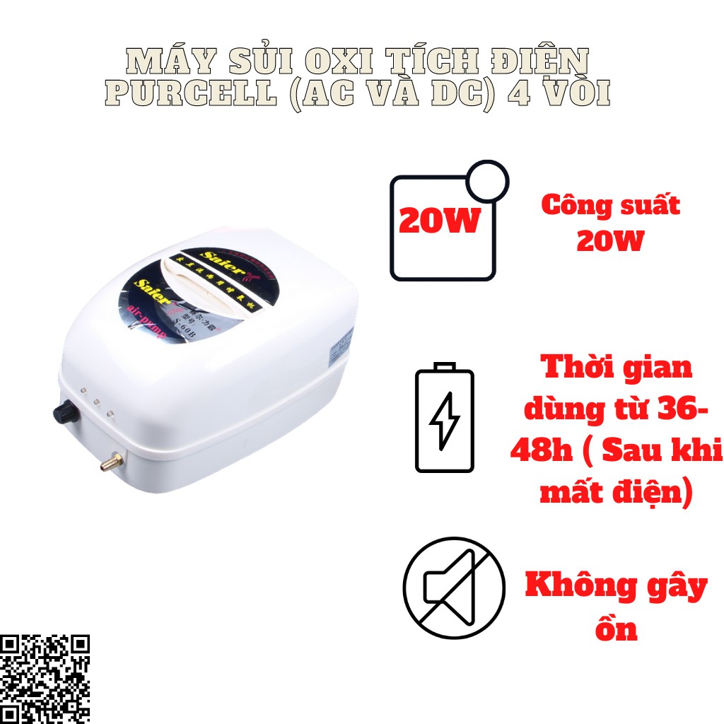 Máy sủi khí oxy 4 vòi tích điện 20w cho hồ cá lớn