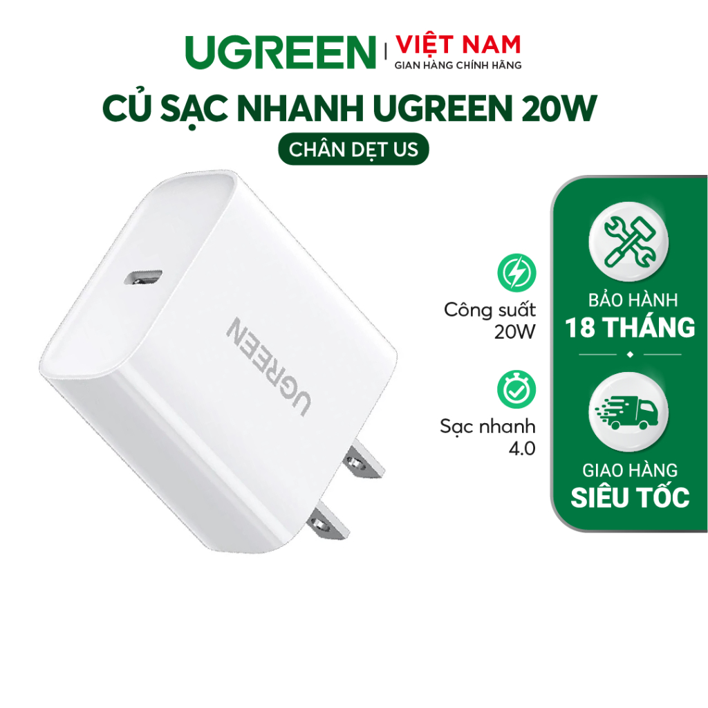 Củ sạc nhanh ugreen 20w cd137 qc4.0 qc3.0| usb type c| sạc nhanh pd