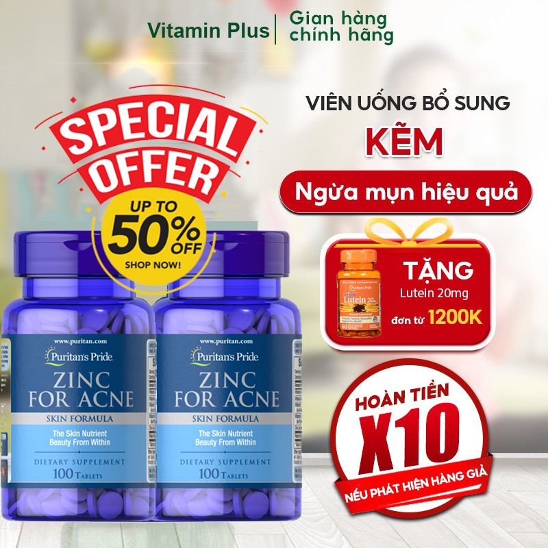 [Hoàn tiền 20%] Viên uống giảm mụn Puritans Pride Premium Zinc For Acne 100 viên