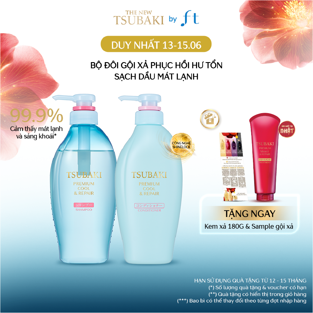 Bộ đôi Gội xả Sạch dầu mát lạnh Phục hồi hư tổn Tsubaki Premium Cool Repair Shampoo 450ml x2