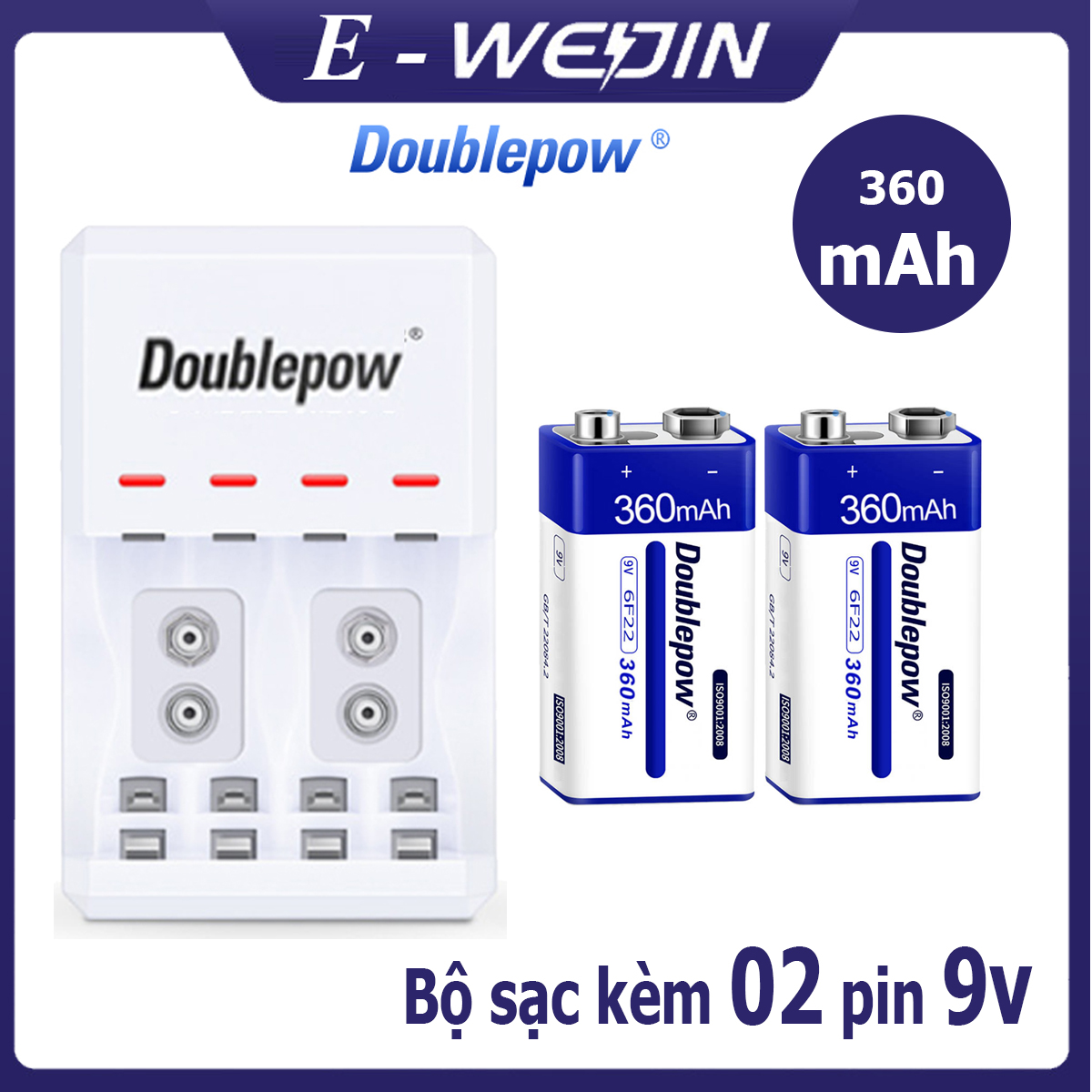 Bộ sạc pin tiểu aa/aaa pin 9v, sạc nhanh doublepow dp-d03 và 02 viên pin vuông sạc lại 9v 360mah