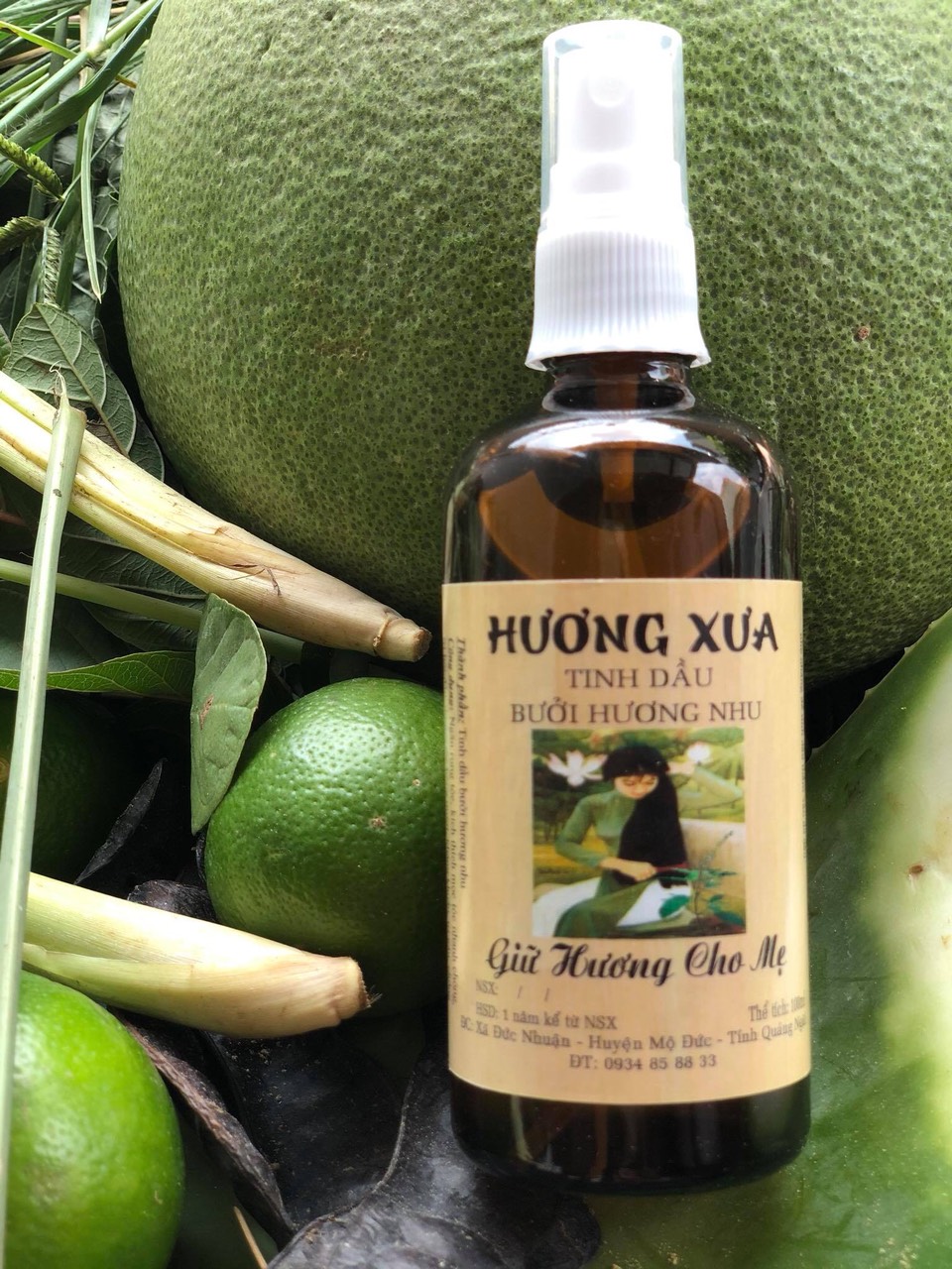Xịt bưởi hương nhu Hương Xưa thành phần tinh dầu thiên nhiên không hóa chất, kích thích mọc tóc, giảm rụng tóc, giảm nguy cơ hói đầu, chống lão hóa tóc