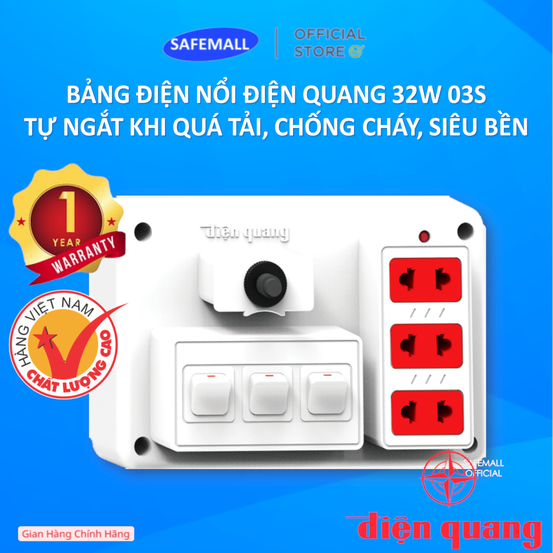 Bảng điện nổi V3 Điện Quang ĐQ FEP 32W 03S (màu trắng, 3 lỗ 2 chấu, 3 công tắc) Bảo hành 12 tháng toàn quốc An toàn tiết kiệm điện - Hàng Chính Hãng Safety Mart Official -Siêu thị SafeMall - Official