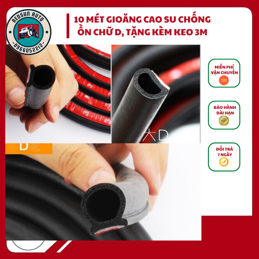 10 Mét Gioăng Cao Su Chữ D Chống Ồn Ô Tô 10x10mm (Tặng keo 3M) - Nẹp viền cửa xe, cốp xe ô tô chống ồn, chống bụi bẩn, chống va đập. (HÌNH ẢNH THỰC TẾ)