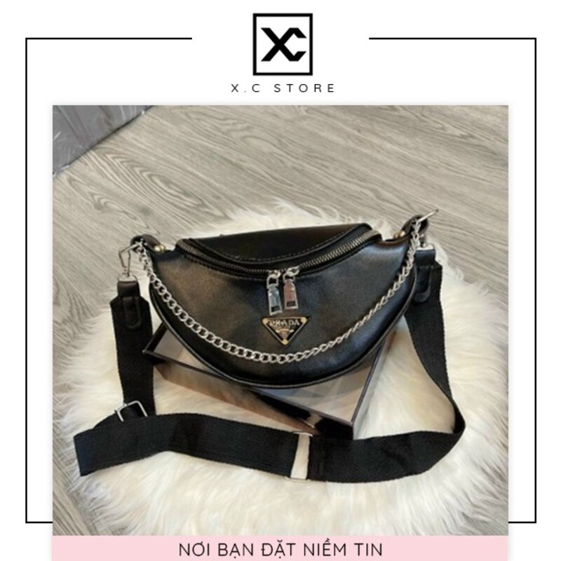 Túi bao tử Prada dây xích đen trắng P-03 da mềm, túi đeo chéo hông ngực nữ