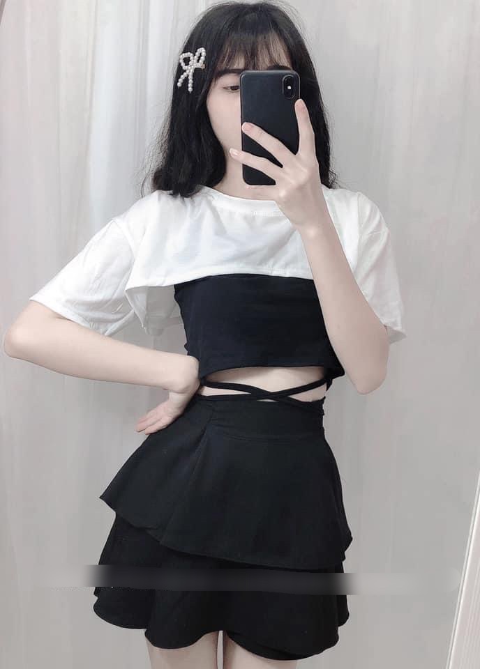 SET 3 MÓN- ÁO THUN CROPTOP KÈM ÁO 2 DÂY ĐAN DÂY EO PHỐI CHÂN VÁY 2 TẦNG SIÊU HOT