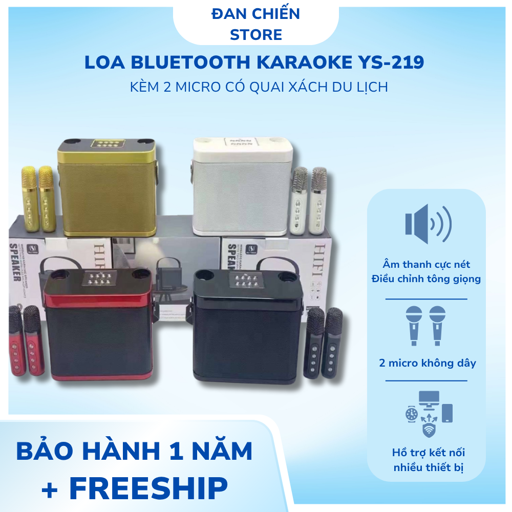 Loa Bluetooth YS 219 Karaoke Tặng Kèm 2 Mic Không Dây, Âm Thanh Chất Lượng, Có Quai Xách