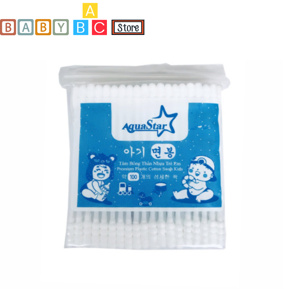 Tăm Bông Trẻ Em Aquastar Bịch 100 Que Kháng Khuẩn Cao Cấp Cho Trẻ Em và Bé Sơ Sinh Que Nhựa 2 Đầu Tròn Xoắn Công Nghệ Korea