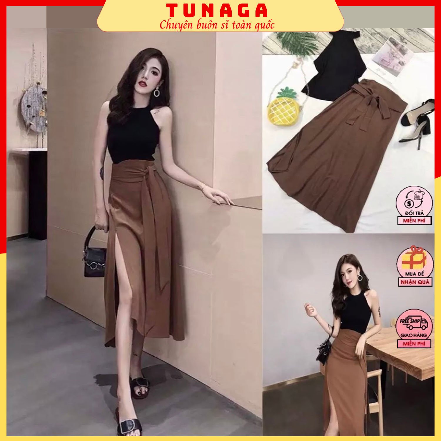 Set áo và chân váy buộc vạt - set bộ đồ nữ áo yếm kèm chân váy maxi dài xẻ cao trendy