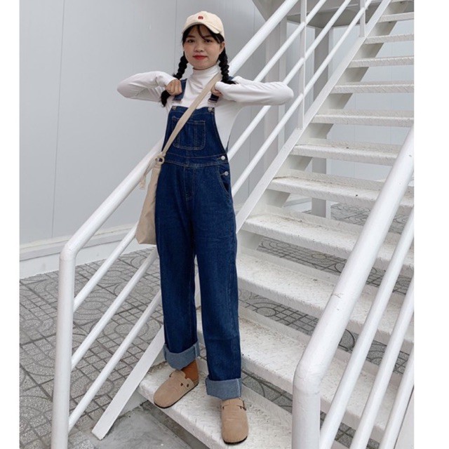 Yếm jean nút gài ống suông xanh đậm