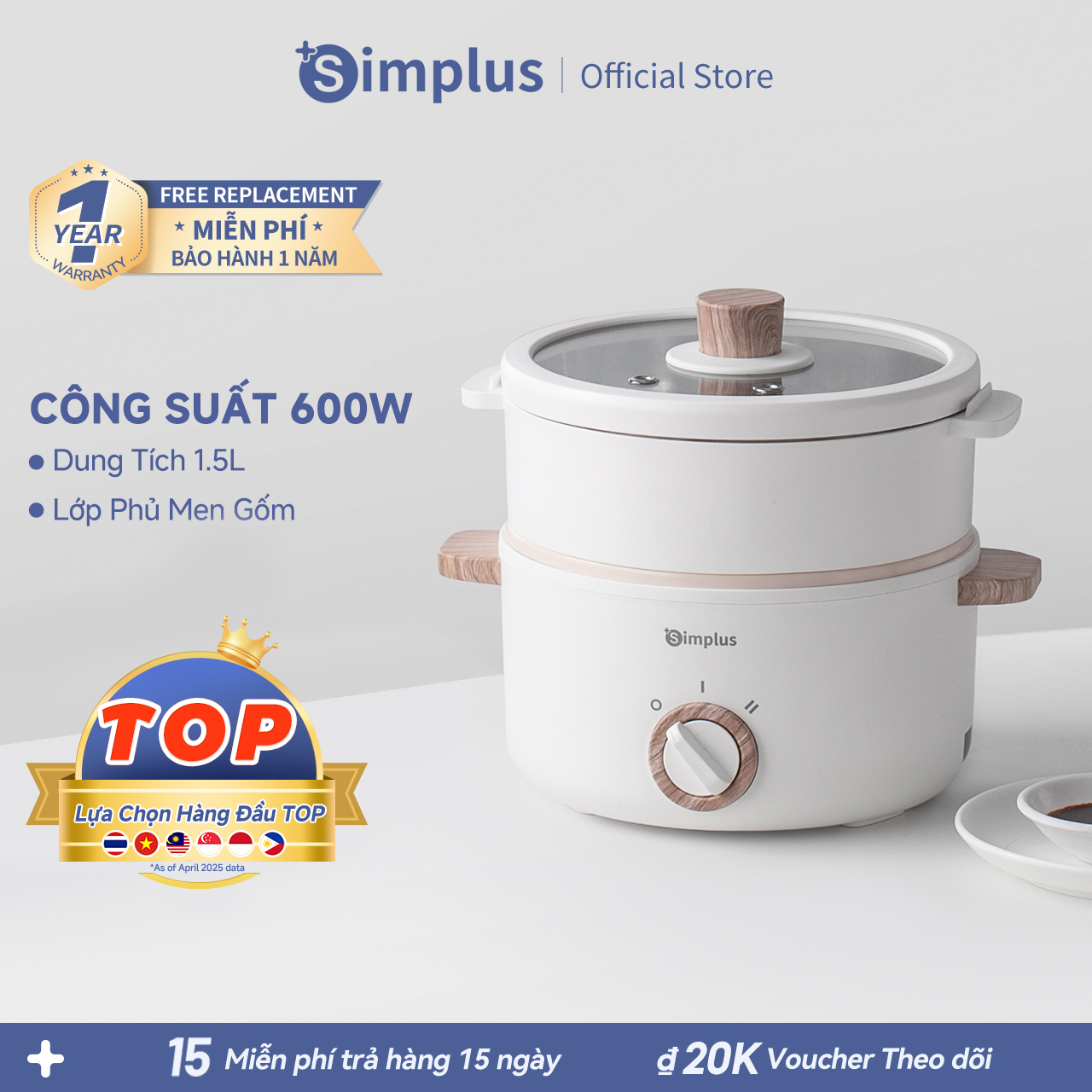  Simplus Nồi điện đa năng 1.5L 3L Phù hợp sử dụng cho 2-3 4-6 người lòng nồi chống dính tráng men cao cấp công suất 600W hai mức điều chỉnh nhiệt độ linh hoạt DZGH003- Bảo hành 1 năm 1 đổi 1 